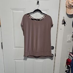 AUW Taupe Short Sleeve Top with Ladder Cutout Neckline